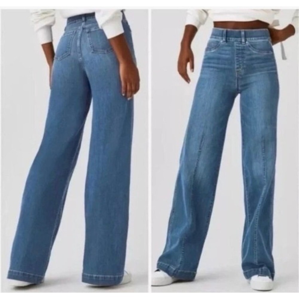Spanx Flare Jeans Vintage Indigo High Rise Pull On Wide Leg Denim S 20541R